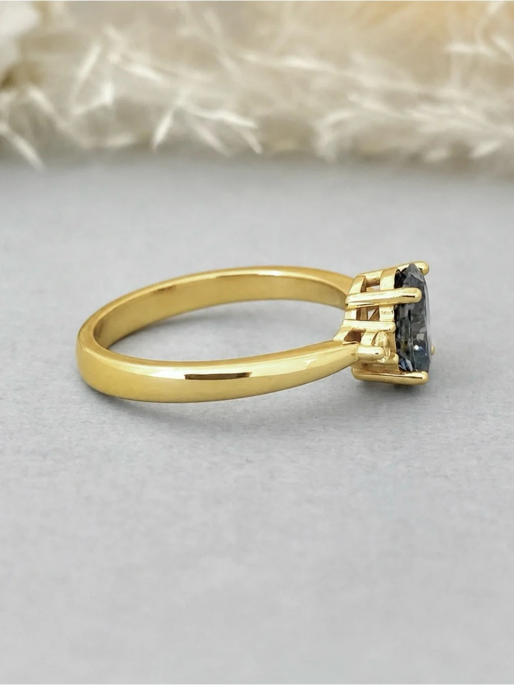 Gold Three Stone Oval Light Gray Blue Moissanite Diamond Sterling Silver Ring